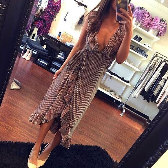 MISA Stripe Velvet Ruffle Wrap Midi ‘EVE’ Dress M Plunged V Neck Fairy Romantic - Picture 7 of 14